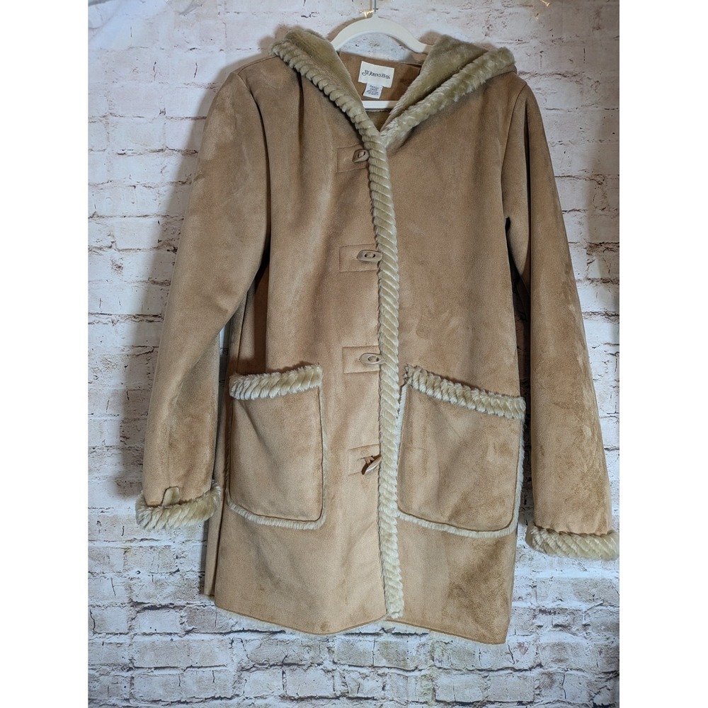 St. Johns Bay Penny Lane Coat Small Tan Faux Fur Trim Microsuede Toggle Buttons